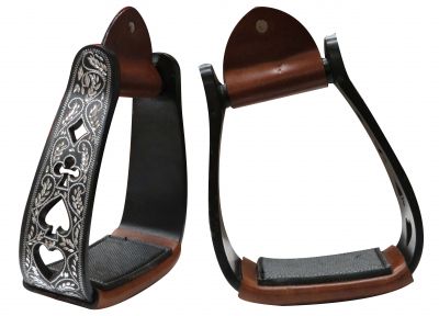Angled Black Aluminum Stirrups with Silver Engraving and Cut Out Poker Suit Designs