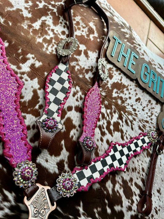 READY TO SHIP- Checker with pink glitter tack set