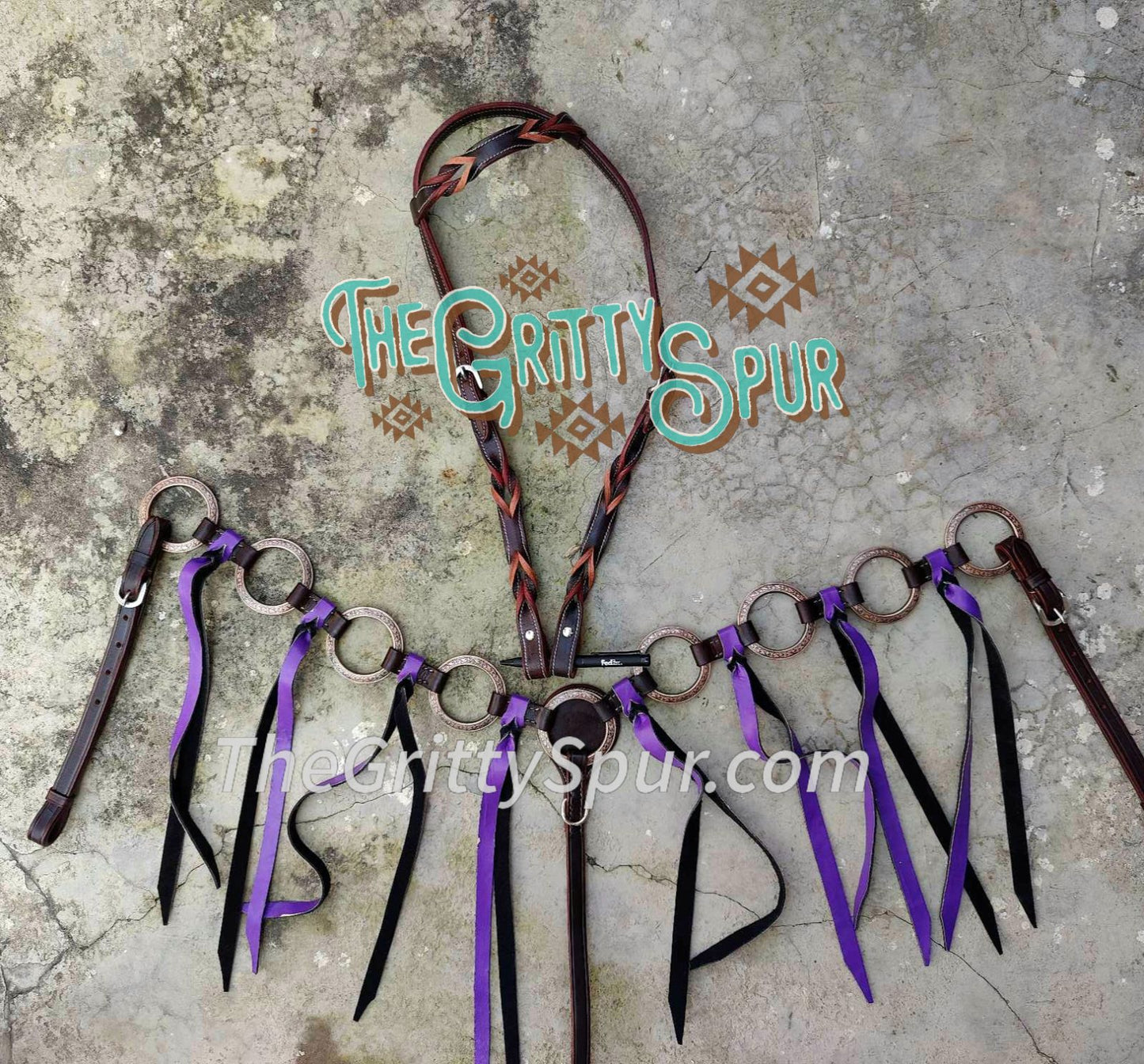 PRE ORDER- Purple fringe ring design tack set with braided headstall