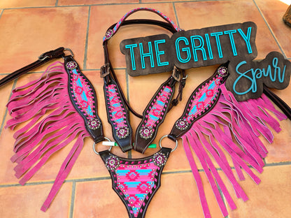 BROWBAND- Pink Aztec tack set with pink fringe