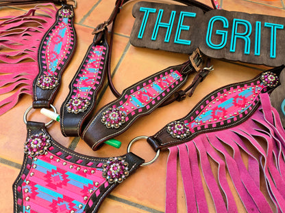 BROWBAND- Pink Aztec tack set with pink fringe