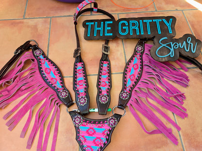 BROWBAND- Pink Aztec tack set with pink fringe