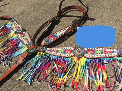 Rainbow tye dye tack set fringe