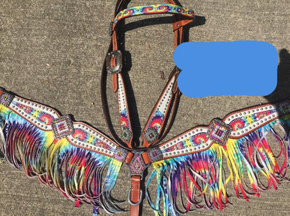 Rainbow tye dye tack set fringe