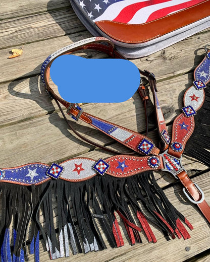 Red, silver and blue glitter USA fringe tack set