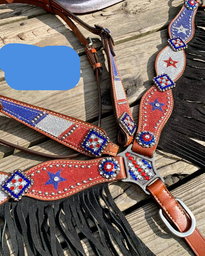 Red, silver and blue glitter USA fringe tack set
