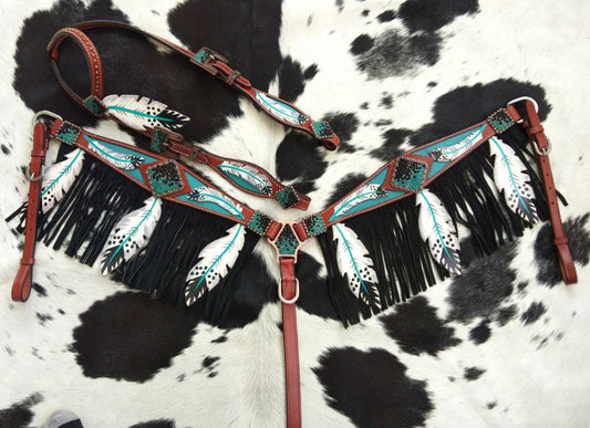 Teal painted feather cutout fringe tack set