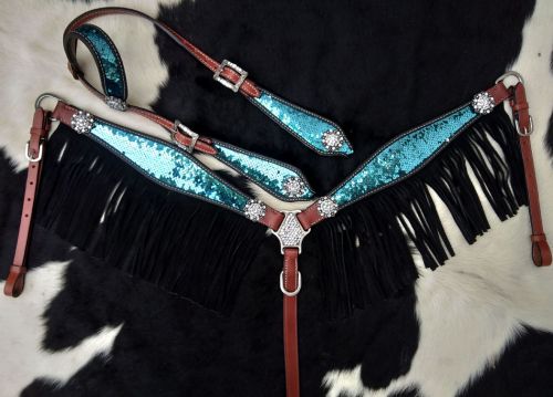 Blue and silver sequin fringe tack set