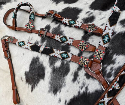 SouthWest Beaded black, white, red, teal tack set