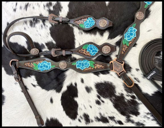 Cheetah inlay with painted blue flower tack set