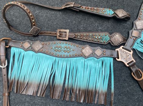 Teal and Brown ombre fringe tack set with gator accents