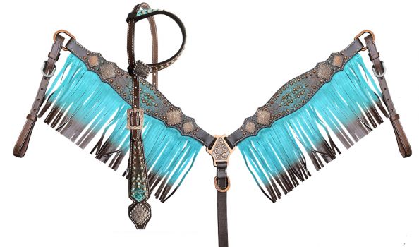 Teal and Brown ombre fringe tack set with gator accents