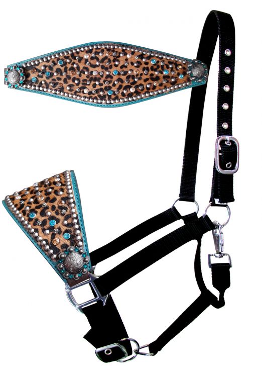 Cheetah and turquoise bronc halter with rhinestones