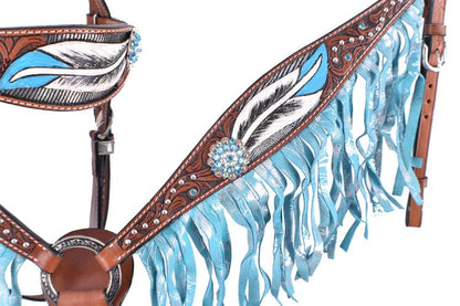 IN STOCK Hand painted blue feather design fringe tack set