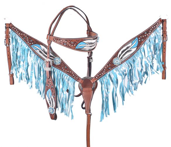 IN STOCK Hand painted blue feather design fringe tack set