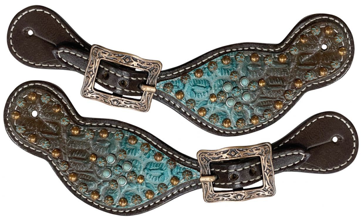 Ladies size Chocolate brown / Teal tooled spur straps