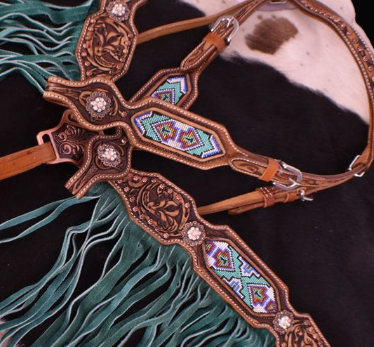 Teal and purple beaded inlay fringe tack set