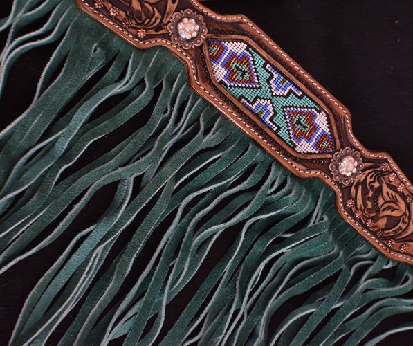 Teal and purple beaded inlay fringe tack set