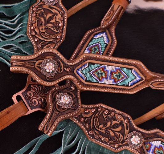 Teal and purple beaded inlay fringe tack set