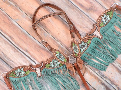 Painted steer skull and cactus fringe tack set