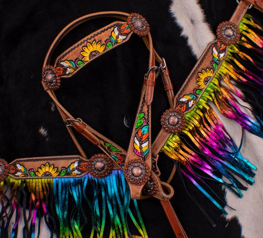 Feather, sunflower and cactus metallic rainbow fringe tack set