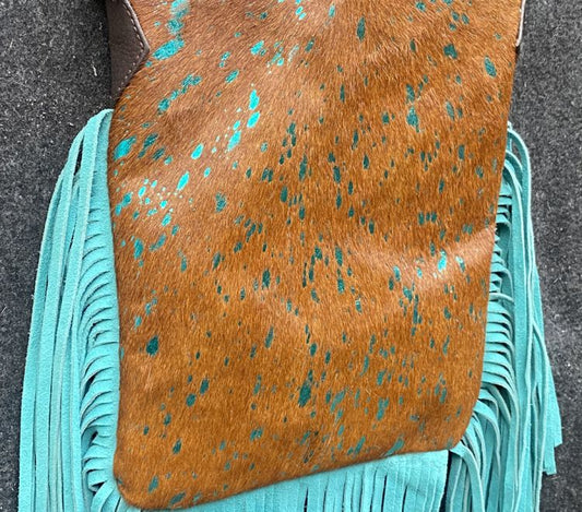 Teal acid wash hair on cowhide crossbody bag