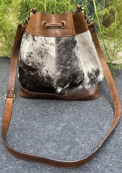 Hair on cowhide bucket bag