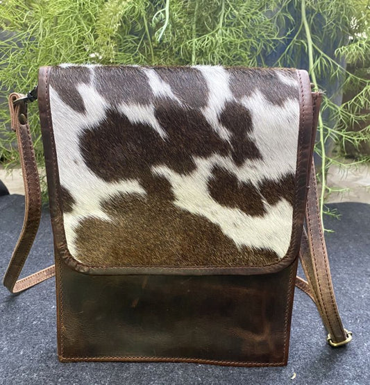 Leather crossbody bag with cowhide