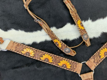 Floral tooled painted sunflower tack set