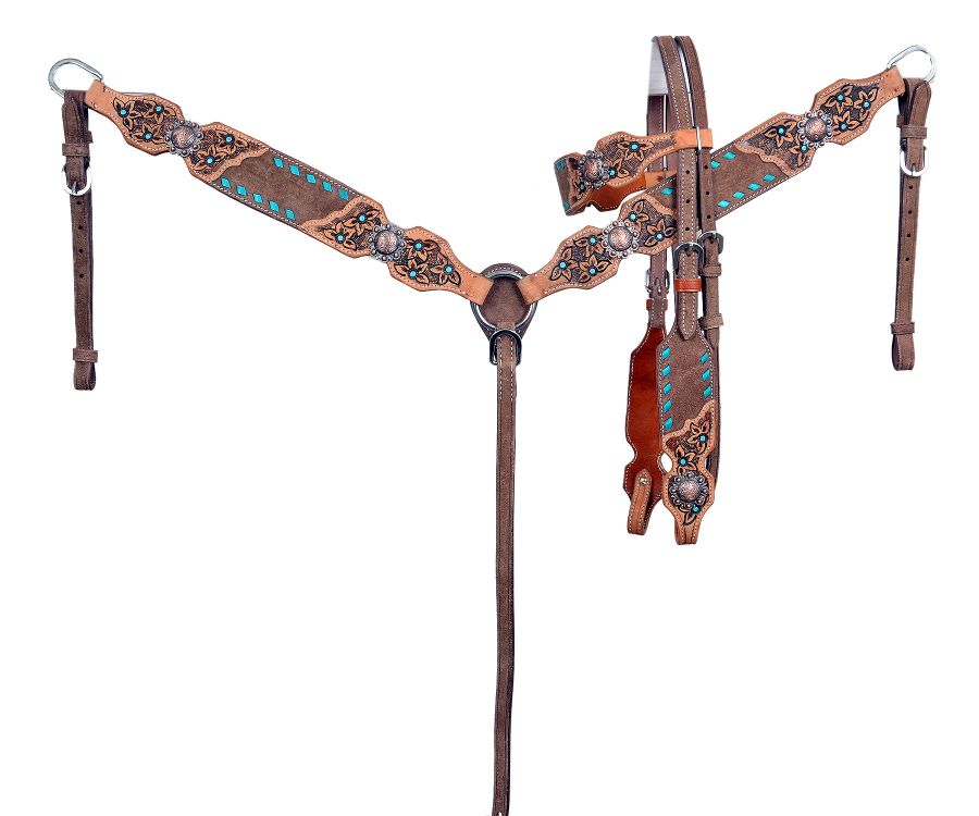 Chocolate oiled browband tack set with teal buck stitch and flower tooling