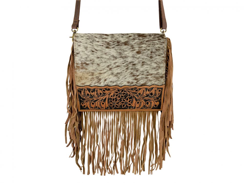 Leather crossbody bag with hair on hide and fringe
