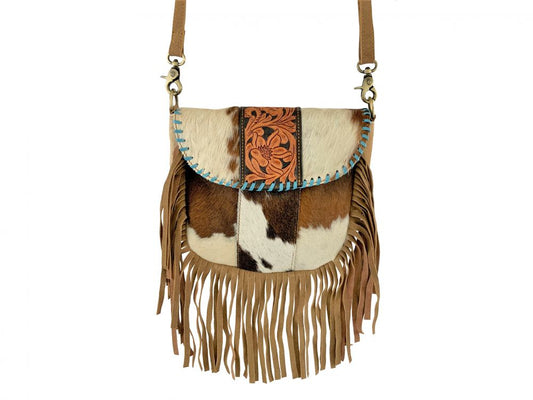 Leather crossbody bag with teal and cowhide