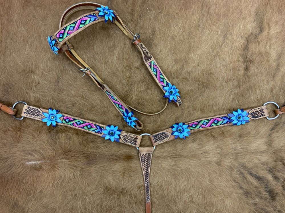 Pink, blue, green 3d flower beaded tack set