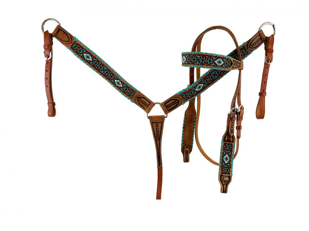 Beaded teal tack set with rawhide accents