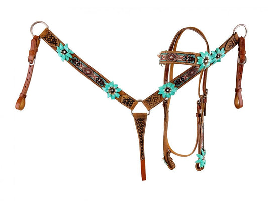 Aztec beaded teal and brown tack set with 3d flowers