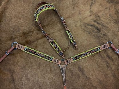 Beaded tack set with yellow laced edges